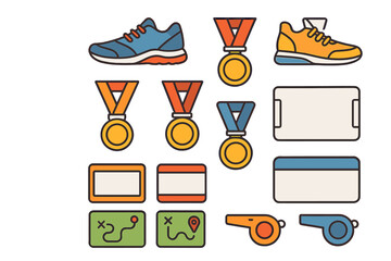 Flat design icons representing various sports equipment and competition elements like running shoes, medals, and tactical boards