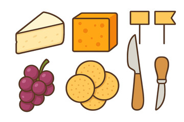 Gourmet cheese board elements set with various cheeses, grapes, crackers, and serving utensils