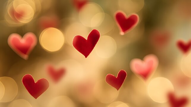 Romantic red hearts floating on a golden bokeh background for Valentines Day.