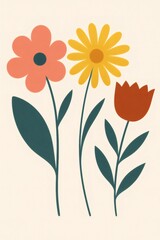 Minimalist illustration of three colorful flowers with long stems and leaves on a light background.