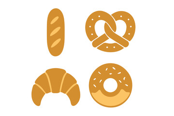 Baguette pretzel croissant and donut set of popular bakery items