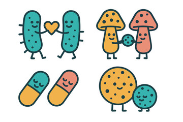 Stylized characters of beneficial microbes, fungi, and medical capsules interacting