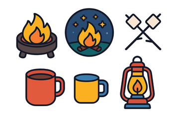 Essential camping gear symbols including campfire, lantern, mugs, and marshmallow sticks
