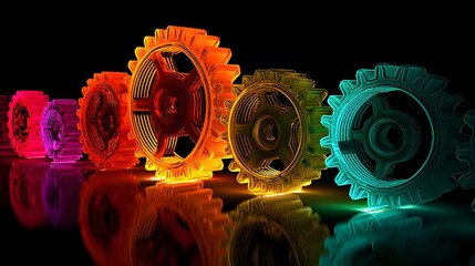 Row of colorful glowing mechanical gears on a reflective black background representing teamwork and innovation.