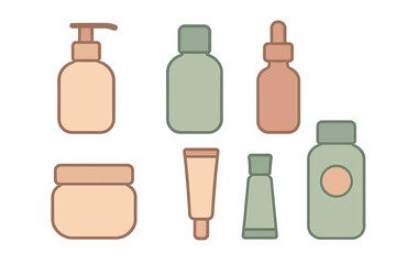 Collection of cosmetic and skincare product containers in soft pastel colors for beauty routine