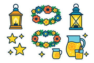 Summer celebration elements set with glowing lanterns, floral wreaths, sparkling stars, and lemonade drinks