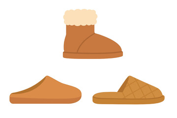 Set of cozy winter boot and comfortable house slippers for cold weather