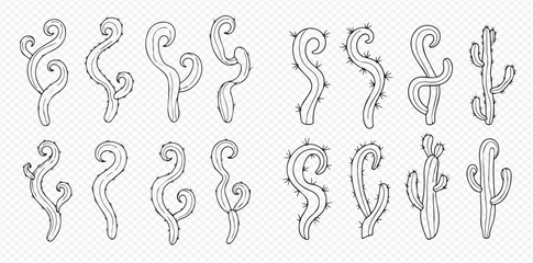 A set of various cactus plant illustrations in black and white.