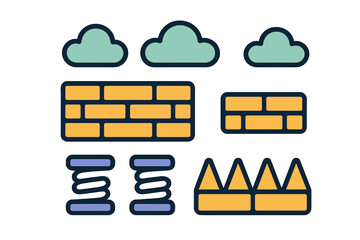 Platformer game design elements including clouds, brick walls, springs, and sharp obstacles