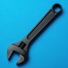 Obraz premium A close up overhead shot of a black adjustable wrench tool resting on a bright blue textured surface.