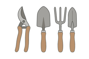 Set of essential gardening tools including hand trowel, cultivator fork, and pruning shears