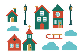 Naklejka premium Colorful winter village collection featuring houses, church, street lamps, clouds, and sleigh