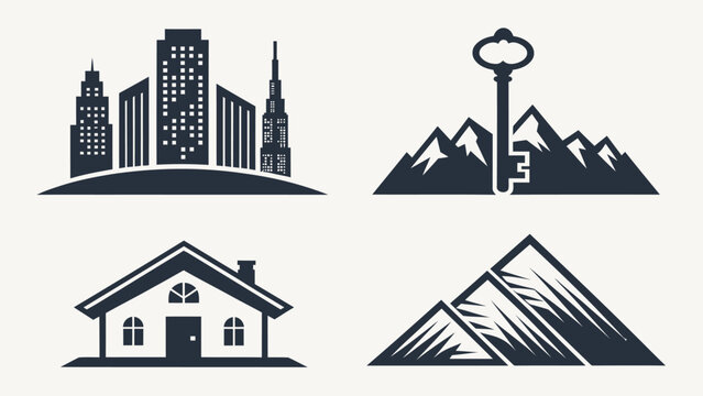 Real estate icons featuring modern city buildings, mountain peaks and homes, perfect for logo design
