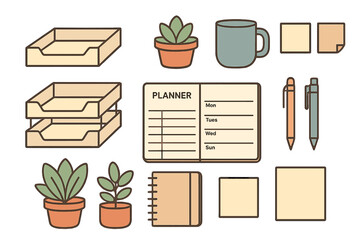 Minimalist collection of essential office supplies, stationery, and desk accessories