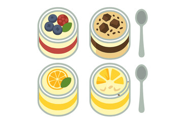 Assortment of layered dessert cups featuring fruit and chocolate flavors served with spoons