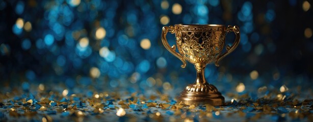 Gold trophy on a bed of blue and gold glitter