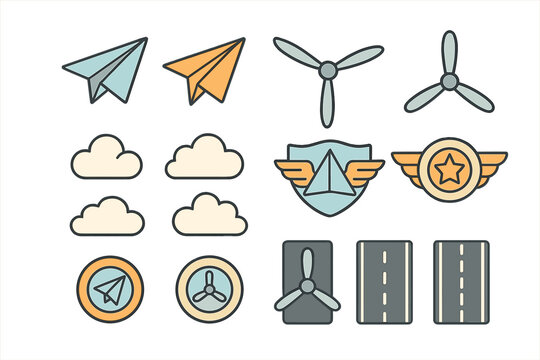 Aviation themed icon set featuring paper airplanes clouds propellers badges and runway elements