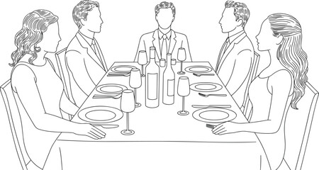 Formal dinner gathering illustration of people sitting at table, elegant dining scene, restaurant event, group meal, line art design