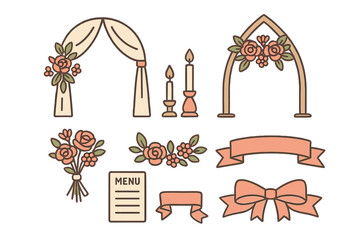 Elegant wedding ceremony decor elements with floral arches, rose bouquets, candles, and decorative ribbons