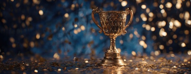 Golden trophy on a glittery surface, against a bokeh background of blurred lights