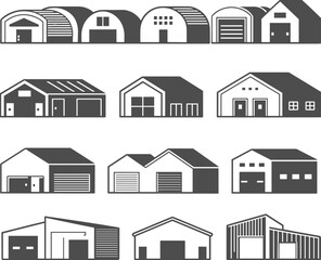 Garage and warehouse building icons collection featuring storage units, barns, industrial structures, modern garages, architectural silhouettes for construction and real estate design