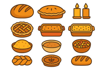 Traditional Thanksgiving and holiday dinner food collection featuring pies, bread, casseroles, and candles