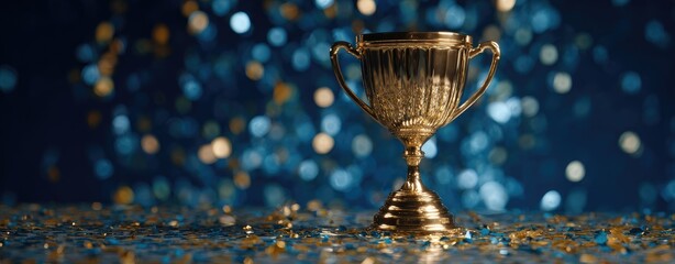 Golden trophy on a bed of sparkling confetti