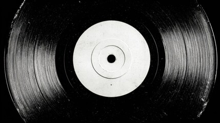 A detailed close up shot of a black vinyl record with a white center label and visible grooves, capturing its texture and form.