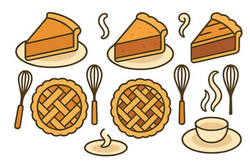 Baked sweet dessert pies and slices with kitchen whisks and steam elements