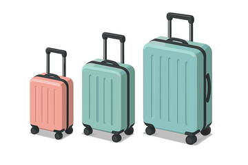 Set of three modern rolling suitcases in different sizes ready for travel