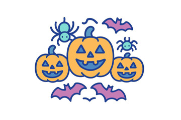 Group of smiling jack-o'-lanterns with spooky bats and spiders for Halloween celebration