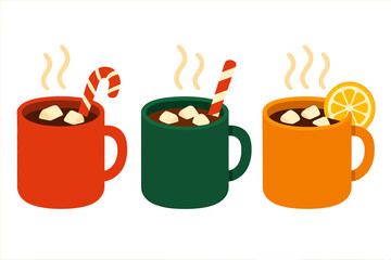 Three colorful mugs of steaming hot chocolate topped with marshmallows and festive winter treats