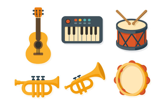 Collection of six musical instruments including acoustic guitar electronic keyboard drum and trumpet