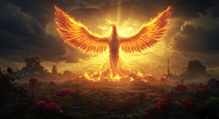 Fiery phoenix ascending dramatic digital art depicting mythical bird