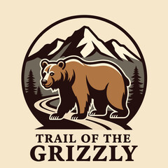 Vintage logo badge of big grizzly bear trail mountain pine tree forest. Old retro editable vector illustration for tshirt design