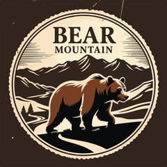 Vintage logo badge of big grizzly bear trail mountain pine tree forest. Old retro editable vector illustration for tshirt design