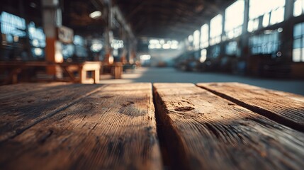 Rustic wooden tabletop with a blurred industrial warehouse background.