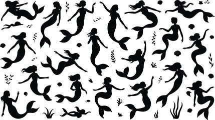 Mermaids, silhouettes, underwater, fantasy, ocean, mystical, swimming, sea, illustration, collection, feminine, aquatic, graceful, magical, siren, marine, design, movement, art, creatures