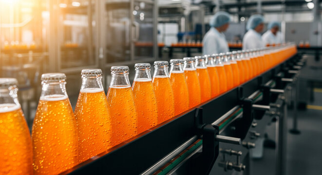 Orange Juice Bottles On Production Line In Factory With Workers In Background