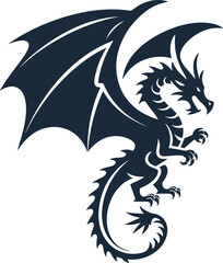Powerful dragon silhouette illustration, fantasy winged creature design, mythical beast artwork for tattoos, logos, emblems, medieval themes, and creative graphic projects