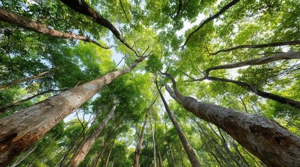 Tall trees with lush green leaves form a dense forest canopy against a bright sky, viewed from the ground looking upward.