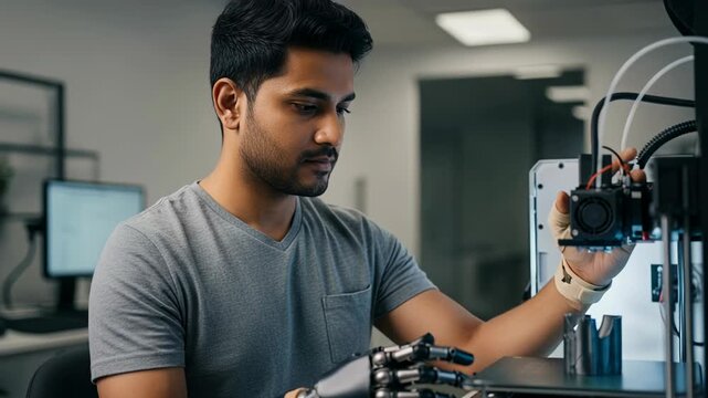 South Asian man with bionic hand operates printer in modern prototyping lab focused on innovation and technology.