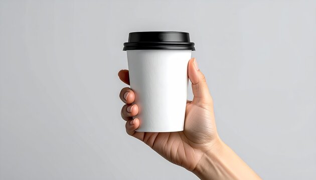 Hand holding a white disposable coffee cup with black lid.