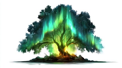 A majestic tree glowing with vibrant green and blue lights, emitting a mystical aura against a dark background.