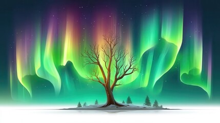 A lone tree stands on snowy ground beneath vibrant, multicolored northern lights illuminating the starry night sky.