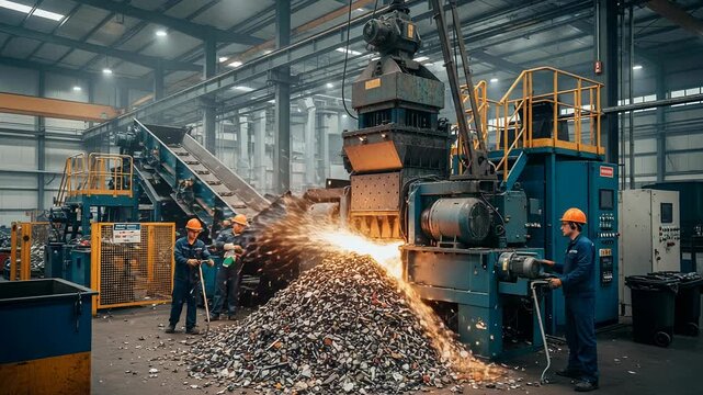 Workers operate magnetic separator to extract ferrous metals from mixed scrap in  busy facility.