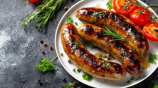 Savory grilled sausages with fresh rosemary and tomatoes on a rustic plate.