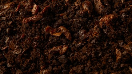 A close-up shot of rich, fertile soil with visible organic matter. The textures and hues create a sense of earthy abundance
