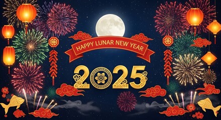 Festive 2025 lunar new year celebration with fireworks lanterns and traditional decorations