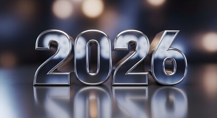 Shiny metallic 2026 new year design with bokeh background and reflections